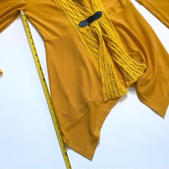 EUC DRESSFO CABLE COLLAR LONG TAPERED Mustard Gold CARDIGAN SWEATER w BUCKLE MED - Picture 9 of 12